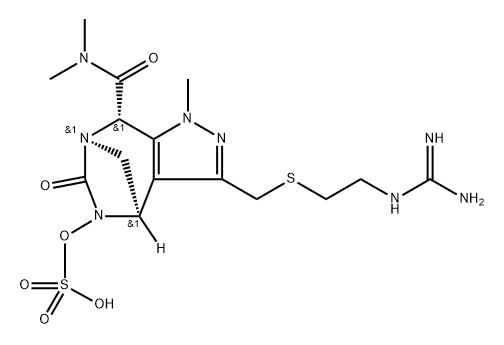 rel-(4R,7R,8S)-3-[[[2-[(Aminoiminomethyl) amino]ethyl]thio]methyl]-4,5,6,8-tetrahydroN,N,1-trimethyl-6-oxo-5-(sulfooxy)-1H-4,7- methanopyrazolo[3,4-e][1,3]diazepine-8- carboxamide Struktur