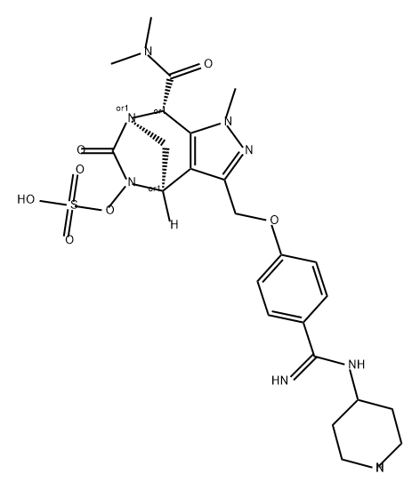 rel-(4R,7R,8S)-3-[[4-[Imino(4-piperidinylamino) methyl]phenoxy]methyl]-4,5,6,8-tetrahydro-N, N,1-trimethyl-6-oxo-5-(sulfooxy)-1H-4,7- methanopyrazolo[3,4-e][1,3]diazepine-8- carboxamide Struktur