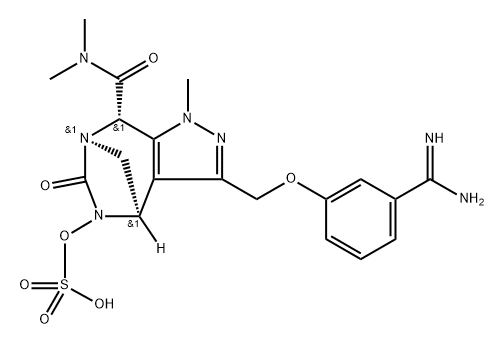 rel-(4R,7R,8S)-3-[[3-(Aminoiminomethyl) phenoxy]methyl]-4,5,6,8-tetrahydro-N,N,1- trimethyl-6-oxo-5-(sulfooxy)-1H-4,7- methanopyrazolo[3,4-e][1,3]diazepine-8- carboxamide Structure