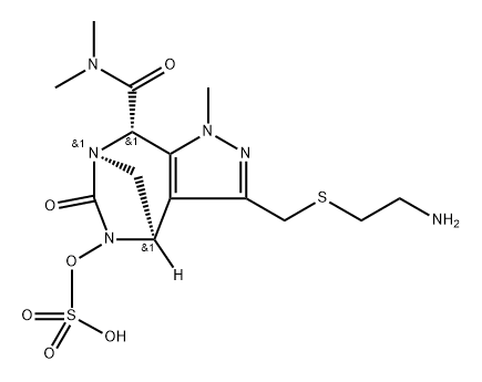 1H-4,7-Methanopyrazolo[3,4-e][1,3]diazepine8-carboxamide, 3-[[(2-aminoethyl)thio] methyl]-4,5,6,8-tetrahydro-N,N,1-trimethyl-6- oxo-5-(sulfooxy)-, (4R,7R,8S)-rel 化学構造式