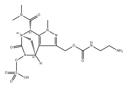 rel-[(4R,7R,8S)-8-[(Dimethylamino)carbonyl]-4, 5,6,8-tetrahydro-1-methyl-6-oxo-5-(sulfooxy)- 1H-4,7-methanopyrazolo[3,4-e][1,3]diazepin3-yl]methyl N-(2-aminoethyl)carbamate Struktur