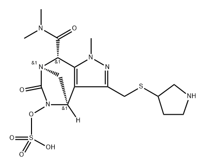 rel-(4R,7R,8S)-4,5,6,8-Tetrahydro-N,N,1- trimethyl-6-oxo-3-[(3-pyrrolidinylthio)methyl]- 5-(sulfooxy)-1H-4,7-methanopyrazolo[3,4-e] [1,3]diazepine-8-carboxamide Struktur