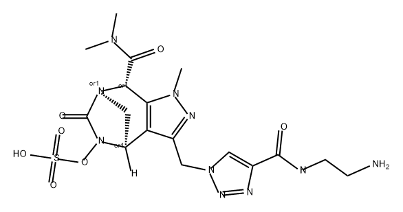 rel-(4R,7R,8S)-3-[[4-[[(2-Aminoethyl)amino] carbonyl]-1H-1,2,3-triazol-1-yl]methyl]-4,5,6,8- tetrahydro-N,N,1-trimethyl-6-oxo-5-(sulfooxy) -1H-4,7-methanopyrazolo[3,4-e][1,3] diazepine-8-carboxamide 化学構造式
