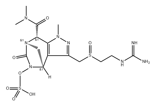 rel-(4R,7R,8S)-3-[[[2-[(Aminoiminomethyl) amino]ethyl]sulfinyl]methyl]-4,5,6,8-tetrah ydro-N,N,1-trimethyl-6-oxo-5-(sulfooxy)-1H-4, 7-methanopyrazolo[3,4-e][1,3]diazepine-8- carboxamide Struktur