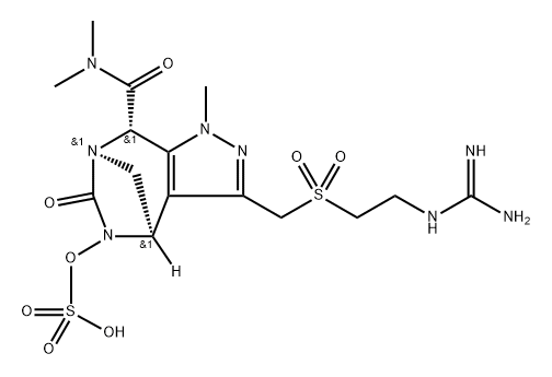 rel-(4R,7R,8S)-3-[[[2-[(Aminoiminomethyl) amino]ethyl]sulfonyl]methyl]-4,5,6,8-tetrah ydro-N,N,1-trimethyl-6-oxo-5-(sulfooxy)-1H-4, 7-methanopyrazolo[3,4-e][1,3]diazepine-8- carboxamide Structure