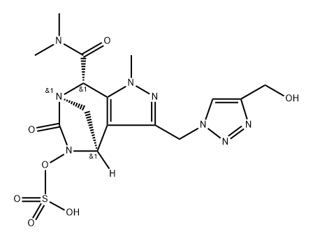 rel-(4R,7R,8S)-4,5,6,8-Tetrahydro-3-[[4- (hydroxymethyl)-1H-1,2,3-triazol-1-yl]methyl]- N,N,1-trimethyl-6-oxo-5-(sulfooxy)-1H-4,7- methanopyrazolo[3,4-e][1,3]diazepine-8- carboxamide Struktur