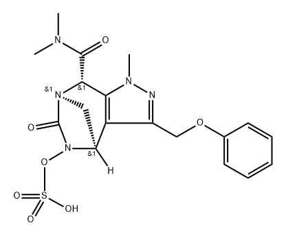 1H-4,7-Methanopyrazolo[3,4-e][1,3]diazepine8-carboxamide, 4,5,6,8-tetrahydro-N,N,1- trimethyl-6-oxo-3-(phenoxymethyl)-5- (sulfooxy)-, (4R,7R,8S)-rel 化学構造式