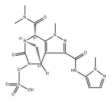 rel-(4R,7R,8S)-4,5,6,8-Tetrahydro-N ,N ,1- trimethyl-N -(1-methyl-1H-pyrazol-5-yl)-6- oxo-5-(sulfooxy)-1H-4,7-methanopyrazolo[3, 4-e][1,3]diazepine-3,8-dicarboxamide Struktur