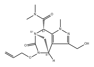 1H-4,7-Methanopyrazolo[3,4-e][1,3]diazepine8-carboxamide, 4,5,6,8-tetrahydro-3-(hydroxy methyl)-N,N,1-trimethyl-6-oxo-5-(2-propen-1- yloxy)-, (4R,7R,8S)-rel Struktur