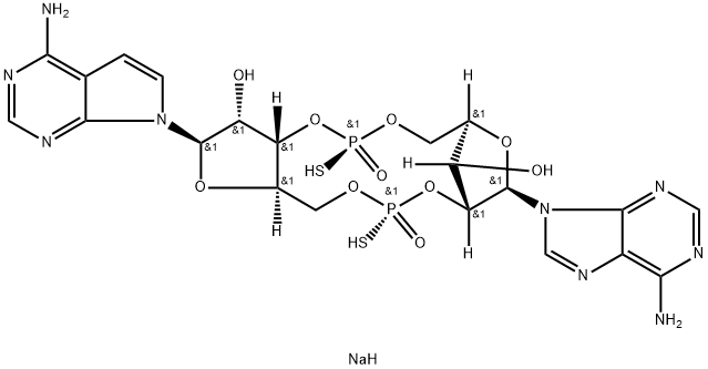 Adenosine, [P(R)]-5′-[(R)-hydroxymercaptophosphinyl]-P-thio-7-deazaadenylyl-(3′→5′)-, cyclic (2′→5′)-nucleotide, sodium salt (1:2) Struktur