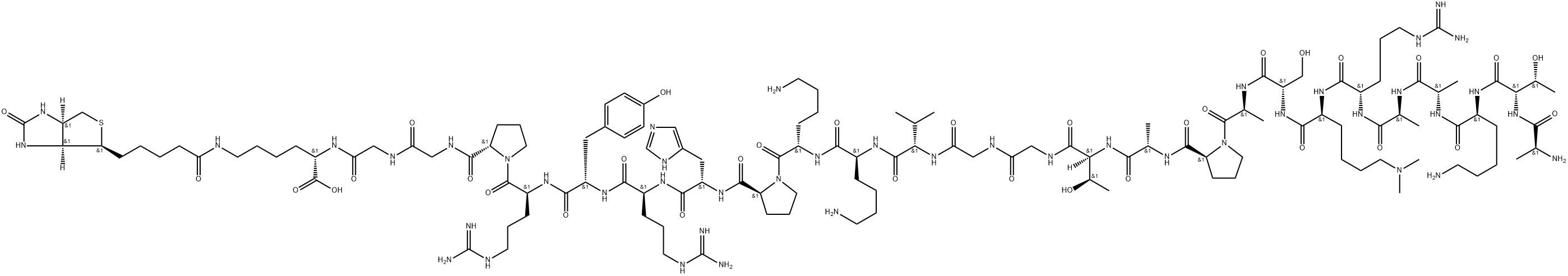 2243207-11-4 L-Lysine, L-alanyl-L-threonyl-L-lysyl-L-alanyl-L-alanyl-L-arginyl-N6,N6-dimethyl-L-lysyl-L-seryl-L-alanyl-L-prolyl-L-alanyl-L-threonylglycylglycyl-L-valyl-L-lysyl-L-lysyl-L-prolyl-L-histidyl-L-arginyl-L-tyrosyl-L-arginyl-L-prolylglycylglycyl-N6-[5-[(3aS,4S,6aR)-hexahydro-2-oxo-1H-thieno[3,4-d]imidazol-4-yl]-1-oxopentyl]-