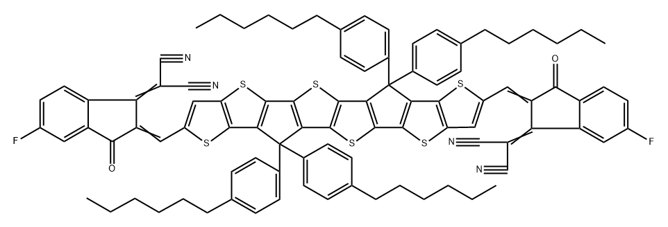 Propanedinitrile, 2-[2-[[8-[[1-(dicyanomethylene)-5-fluoro-1,3-dihydro-3-oxo-2H-inden-2-ylidene]methyl]-6,6,12,12-tetrakis(4-hexylphenyl)-6,12-dihydrothieno[2′′,3′′:4′,5′]thieno[3′,2′:4,5]cyclopenta[1,2-b]thieno[2′′′,3′′′:4′′,5′′]thieno[2′′,3′′:3′,4′]cyclopenta[1′,2′:4,5]thieno[2,3-d]thien-2-yl]methylene]-6-fluoro-2,3-dihydro-3-oxo-1H-inden-1-ylidene]- Structure