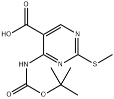 4-((tert-Butoxycarbonyl)amino)-2-(methylthio)pyrimidine-5-carboxylic acid 化学構造式