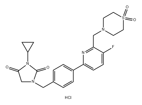 2,4-Imidazolidinedione, 3-cyclopropyl-1-[[4-[6-[(1,1-dioxido-4-thiomorpholinyl)methyl]-5-fluoro-2-pyridinyl]phenyl]methyl]-, hydrochloride (1:1) 化学構造式