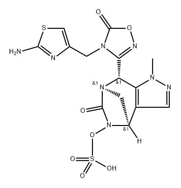rel-(4R,7R,8S)-8-[4-[(2-Amino-4-thiazolyl) methyl]-4,5-dihydro-5-oxo-1,2,4-oxadiazol-3- yl]-4,8-dihydro-1-methyl-6-oxo-1H-4,7- methanopyrazolo[3,4-e][1,3]diazepin-5(6H)-yl hydrogen sulfate Struktur