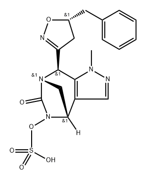 Sulfuric acid, mono[(4R,7S,8S)-8-[(5S)-4,5- dihydro-5-(phenylmethyl)-3-isoxazolyl]-4,8- dihydro-1-methyl-6-oxo-1H-4,7-methanop yrazolo[3,4-e][1,3]diazepin-5(6H)-yl] ester, rel- Struktur