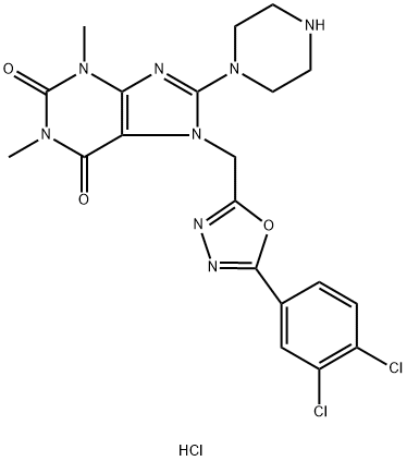 1H-Purine-2,6-dione, 7-[[5-(3,4-dichlorophenyl)-1,3,4-oxadiazol-2-yl]methyl]-3,7-dihydro-1,3-dimethyl-8-(1-piperazinyl)-, hydrochloride (1:1) Structure