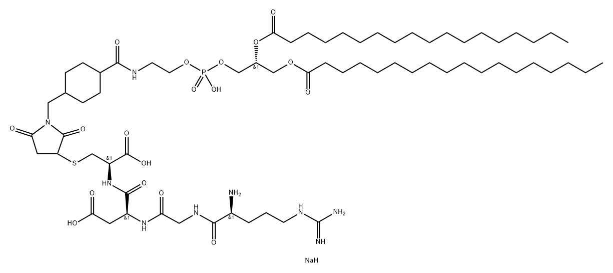 L-Cysteine, L-arginylglycyl-L-α-aspartyl-S-[1-[[4-[(9R)-6-hydroxy-6-oxido-1,12-dioxo-9-[(1-oxooctadecyl)oxy]-5,7,11-trioxa-2-aza-6-phosphanonacos-1-yl]cyclohexyl]methyl]-2,5-dioxo-3-pyrrolidinyl]-, sodium salt (1:1) Structure