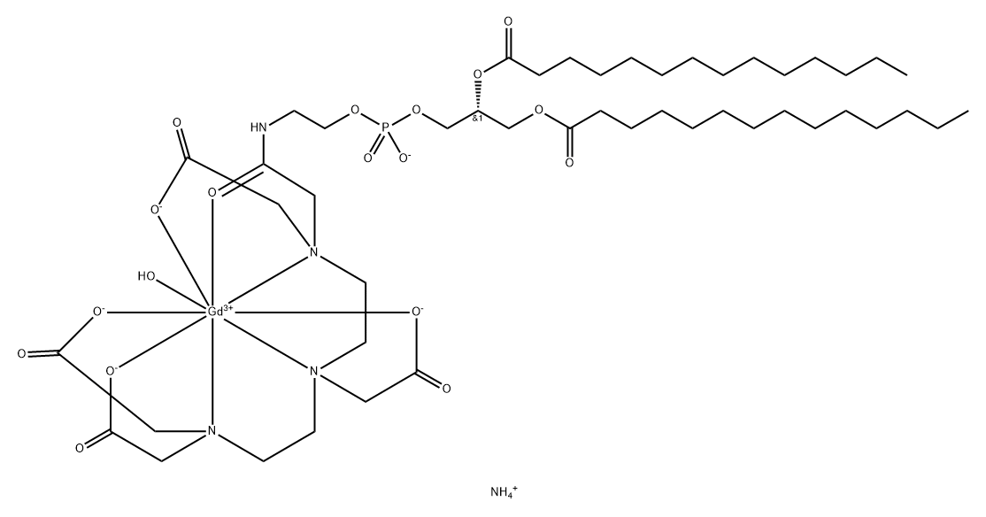 Gadolinate(2-), aqua[[(19R)-3,6,9-tris[(carboxy-κO)methyl]-16-hydroxy-11-(oxo-κO)-22-oxo-19-[(1-oxotetradecyl)oxy]-15,17,21-trioxa-3,6,9,12-tetraaza-16-phosphapentatriacontanoic acid-κN3,κN6,κN9,κO1] 16-oxidato(5-)]-, ammonium (1:2) 结构式