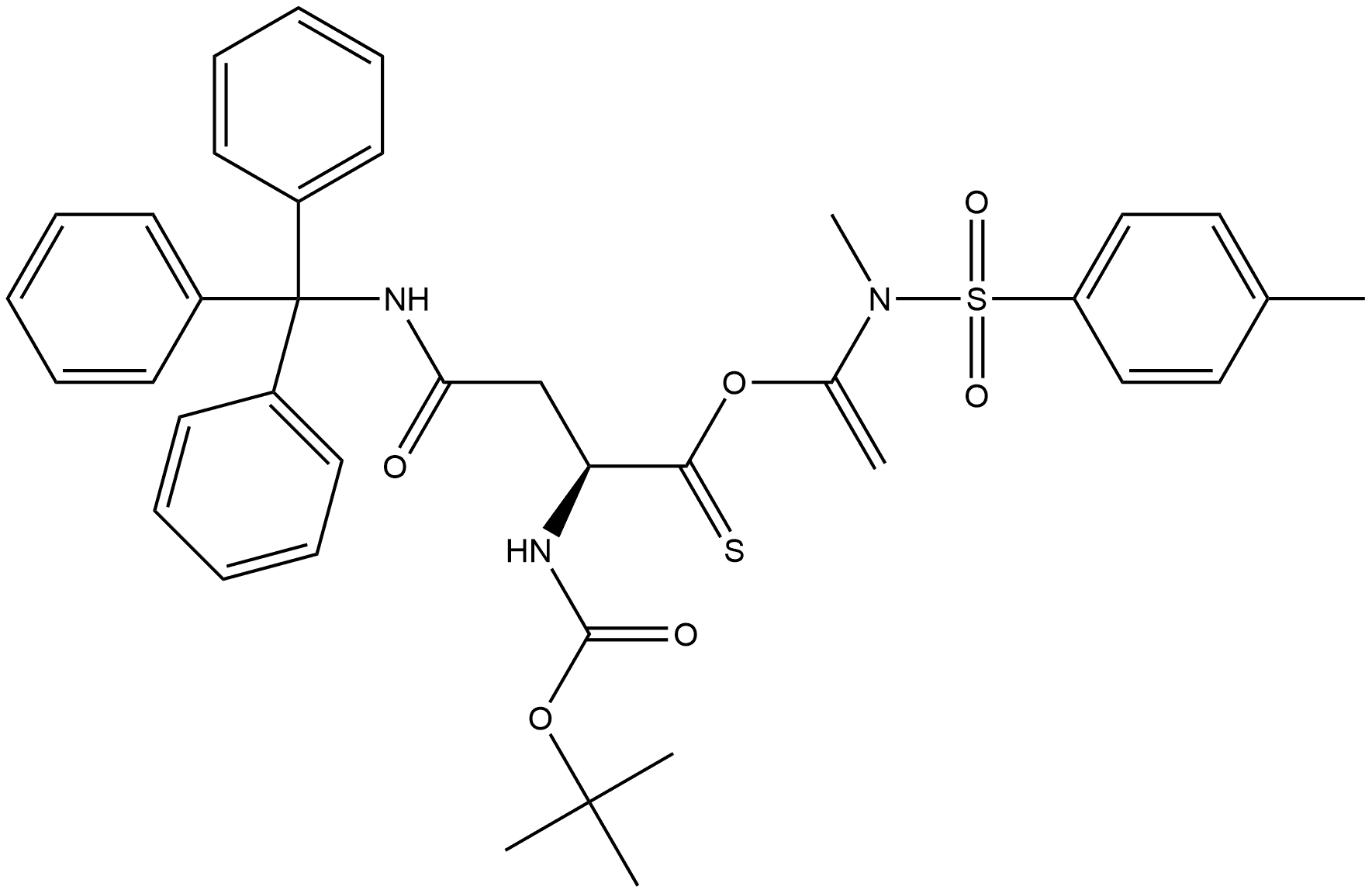 L-Asparagine, N2-[(1,1-dimethylethoxy)carbonyl]-N-(triphenylmethyl)-, 1-[methyl[(4-methylphenyl)sulfonyl]amino]ethenyl ester, (2S)-,2265954-15-0,结构式