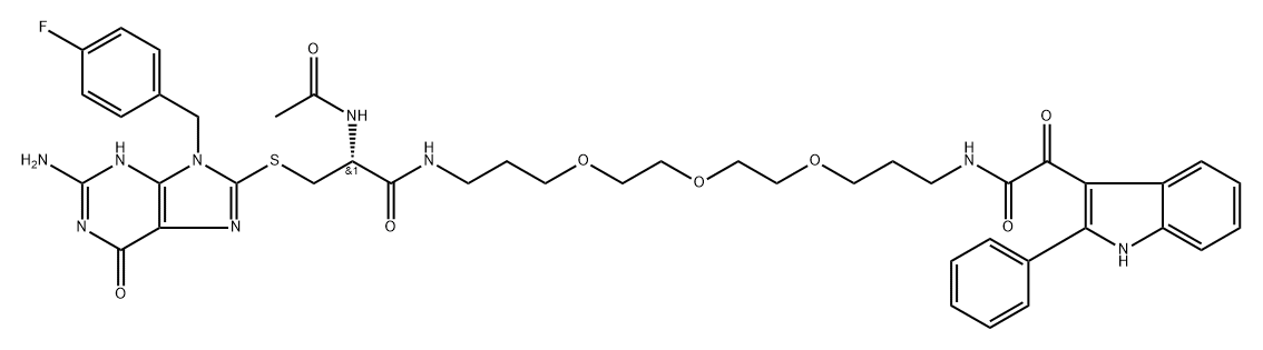 1H-Indole-3-acetamide, N-[(16R)-16-[[[2-amino-9-[(4-fluorophenyl)methyl]-6,9-dihydro-6-oxo-1H-purin-8-yl]thio]methyl]-15,18-dioxo-4,7,10-trioxa-14,17-diazanonadec-1-yl]-α-oxo-2-phenyl- Struktur