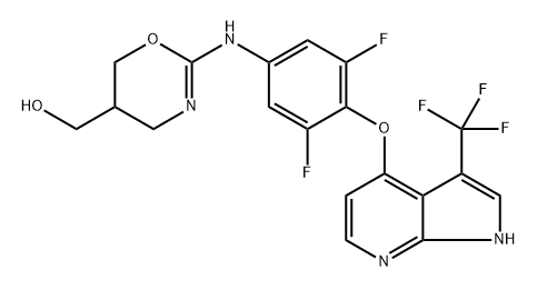 (2-((3,5-difluoro-4-((3-(trifluoromethyl)-1H-pyrrolo[2,3-b]pyridin-4-yl)oxy)phenyl)amino)-5,6-dihydro-4H-1,3-oxazin-5-yl)methanol,2268794-15-4,结构式