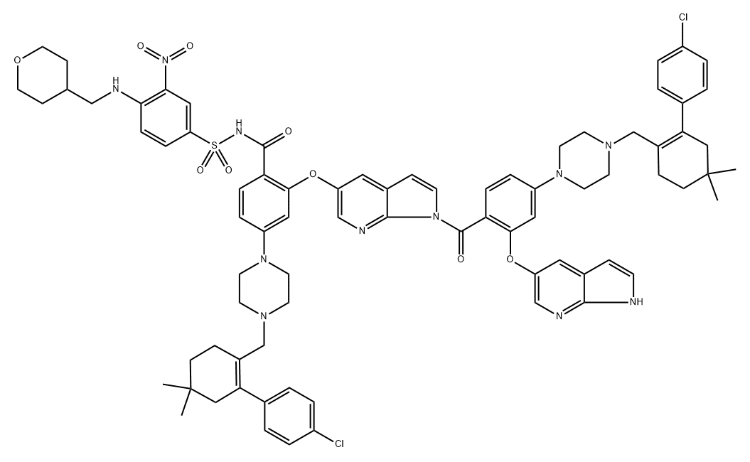 Benzamide, 4-[4-[[2-(4-chlorophenyl)-4,4-dimethyl-1-cyclohexen-1-yl]methyl]-1-piperazinyl]-2-[[1-[4-[4-[[2-(4-chlorophenyl)-4,4-dimethyl-1-cyclohexen-1-yl]methyl]-1-piperazinyl]-2-(1H-pyrrolo[2,3-b]pyridin-5-yloxy)benzoyl]-1H-pyrrolo[2,3-b]pyridin-5-yl]oxy]-N-[[3-nitro-4-[[(tetrahydro-2H-pyran-4-yl)... Struktur