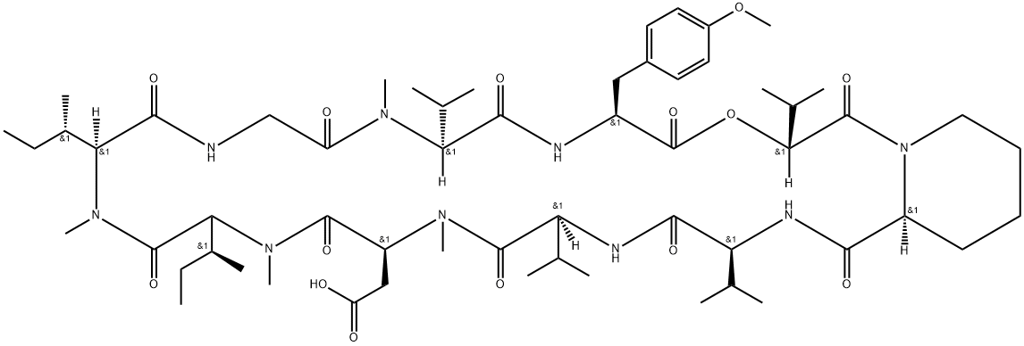 Cyclo[N-methyl-L-α-aspartyl-N-methyl-L-isoleucyl-N-methyl-L-isoleucylglycyl-N-methyl-L-valyl-O-methyl-L-tyrosyl-(2R)-2-hydroxy-3-methylbutanoyl-(2S)-2-piperidinecarbonyl-L-valyl-L-valyl] (9CI) Structure