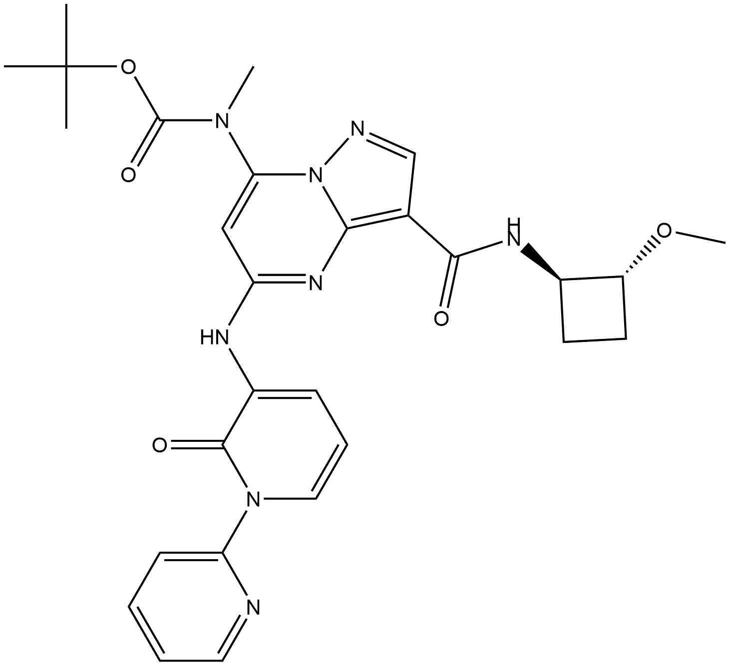 2271471-45-3 rel-1,1-Dimethylethyl N-[3-[[[(1R,2R)-2-methoxycyclobutyl]amino]carbonyl]-5-[(2-oxo[1(6H),2′-bipyridin]-3-yl)amino]pyrazolo[1,5-a]pyrimidin-7-yl]-N-methylcarbamate