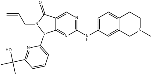 2272976-37-9 3H-Pyrazolo[3,4-d]pyrimidin-3-one, 1,2-dihydro-1-[6-(1-hydroxy-1-methylethyl)-2-pyridinyl]-2-(2-propen-1-yl)-6-[(1,2,3,4-tetrahydro-2-methyl-7-isoquinolinyl)amino]- (ACI)