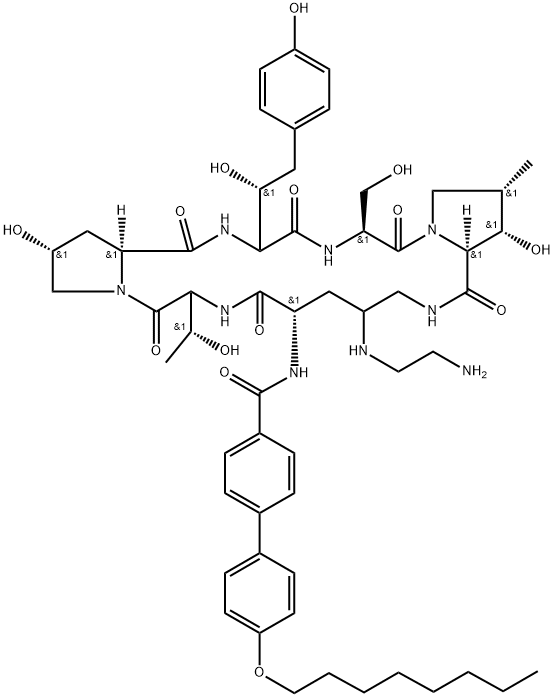 L-Proline, 4-[(2-aminoethyl)amino]-N2-[[4'-(octyloxy)[1,1'-biphenyl]-4-yl]carbonyl]-L-ornithyl-L-threonyl-(4R)-4-hydroxy-L-prolyl-4-(4-hydroxyphenyl)-L-threonyl-L-seryl-3-hydroxy-4-methyl-, (6→15)-lactam, (3S,4S)- Struktur