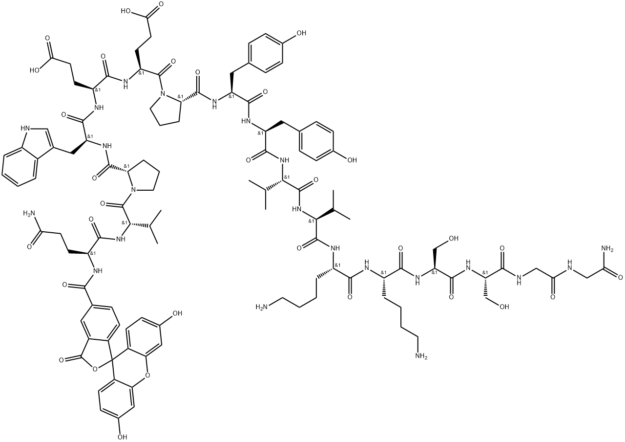 Glycinamide, N2-[(3',6'-dihydroxy-3-oxospiro[isobenzofuran-1(3H),9'-[9H]xanthen]-5-yl)carbonyl]-L-glutaminyl-L-valyl-L-prolyl-L-tryptophyl-L-α-glutamyl-L-α-glutamyl-L-prolyl-L-tyrosyl-L-tyrosyl-L-valyl-L-valyl-L-lysyl-L-lysyl-L-seryl-L-serylglycyl- Struktur