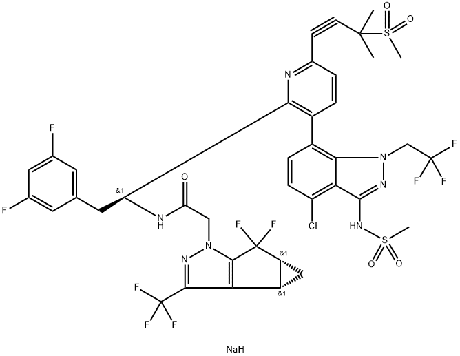 1H-Cyclopropa[3,4]cyclopenta[1,2-c]pyrazole-1-acetamide, N-[(1S)-1-[3-[4-chloro-3-[(methylsulfonyl)amino]-1-(2,2,2-trifluoroethyl)-1H-indazol-7-yl]-6-[3-methyl-3-(methylsulfonyl)-1-butyn-1-yl]-2-pyridinyl]-2-(3,5-difluorophenyl)ethyl]-5,5-difluoro-3b,4,4a,5-tetrahydro-3-(trifluoromethyl)-, sodium salt (1:1), (3bS,4aR)- Struktur