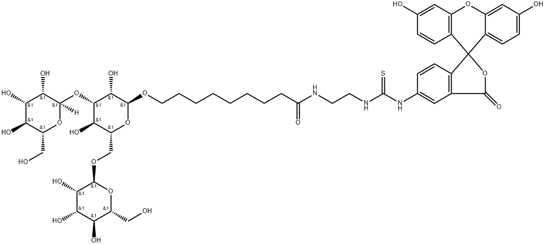 Nonanamide, N-2-(3,6-dihydroxy-3-oxospiroisobenzofuran-1(3H),9-9Hxanthen-5-yl)aminothioxomethylaminoethyl-9-(O-.alpha.-D-mannopyranosyl-(13)-O-.alpha.-D-mannopyranosyl-(16)-.alpha.-D-mannopyranosyl)oxy- Structure