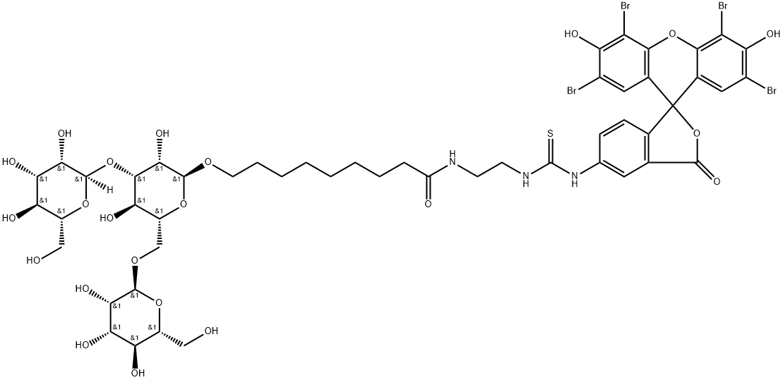 Nonanamide, 9-(O-.alpha.-D-mannopyranosyl-(13)-O-.alpha.-D-mannopyranosyl-(16)-.alpha.-D-mannopyranosyl)oxy-N-2-(2,4,5,7-tetrabromo-3,6-dihydroxy-3-oxospiroisobenzofuran-1(3H),9-9Hxanthen-5-yl)aminothioxomethylaminoethyl- Structure