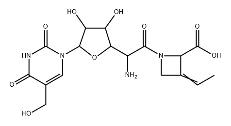 (2S,E)-1-[5-アミノ-1-(1,2,3,4-テトラヒドロ-5-ヒドロキシメチル-2,4-ジオキソピリミジン-1-イル)-1,5-ジデオキシ-β-D-アロフラヌロノイル]-3-エチリデン-2-アゼチジンカルボン酸 化学構造式