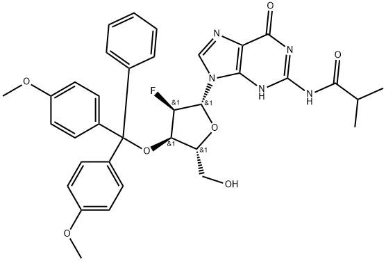 Guanosine, 3'-O-[bis(4-methoxyphenyl)phenylmethyl]-2'-deoxy-2'-fluoro-N-(2-methyl-1-oxopropyl)- Structure