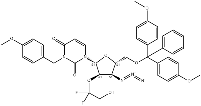 Uridine, 3'-?azido-?5'-?O-?[bis(4-?methoxyphenyl)?phenylmethyl]?-?3'-?deoxy-?2'-?O-?(1,?1-?difluoro-?2-?hydroxyethyl)?-?3-?[(4-?methoxyphenyl)?methyl]?- Struktur
