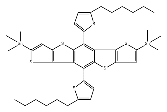 2,7-双(三甲基锡基)-5,10-双(2-己基噻吩基) 苯并[1,2-B:4,5-B']二(噻吩并[3,2-B]噻吩) 结构式