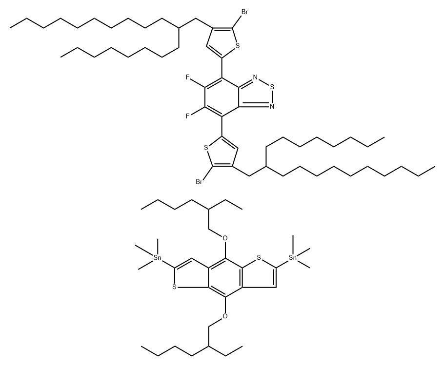 2,?1,?3-?Benzothiadiazole, 4,?7-?bis[5-?bromo-?4-?(2-?octyldodecyl)?-?2-?thienyl]?-?5,?6-?difluoro-?, polymer with 1,?1'-?[4,?8-?bis[(2-?ethylhexyl)?oxy]?benzo[1,?2-?b:4,?5-?b']?dithiophene-?2,?6-?diyl]?bis[1,?1,?1-?trimethylstannane Structure