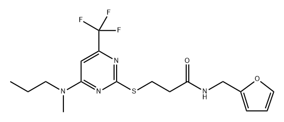 Propanamide, N-(2-furanylmethyl)-3-[[4-(methylpropylamino)-6-(trifluoromethyl)-2-pyrimidinyl]thio]- Struktur