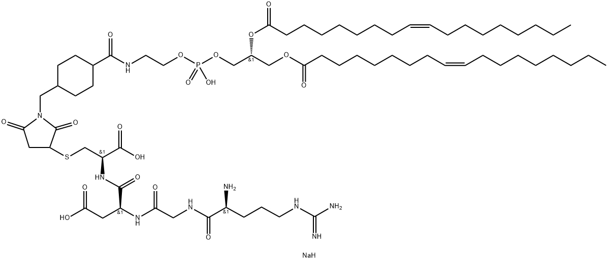 L-Cysteine, L-arginylglycyl-L-α-aspartyl-S-[1-[[4-[(9R,19Z)-6-hydroxy-6-oxido-1,11-dioxo-9-[[[(9Z)-1-oxo-9-octadecen-1-yl]oxy]methyl]-5,7,10-trioxa-2-aza-6-phospha-19-octacosen-1-yl]cyclohexyl]methyl]-2,5-dioxo-3-pyrrolidinyl]-, sodium salt (1:2) 结构式