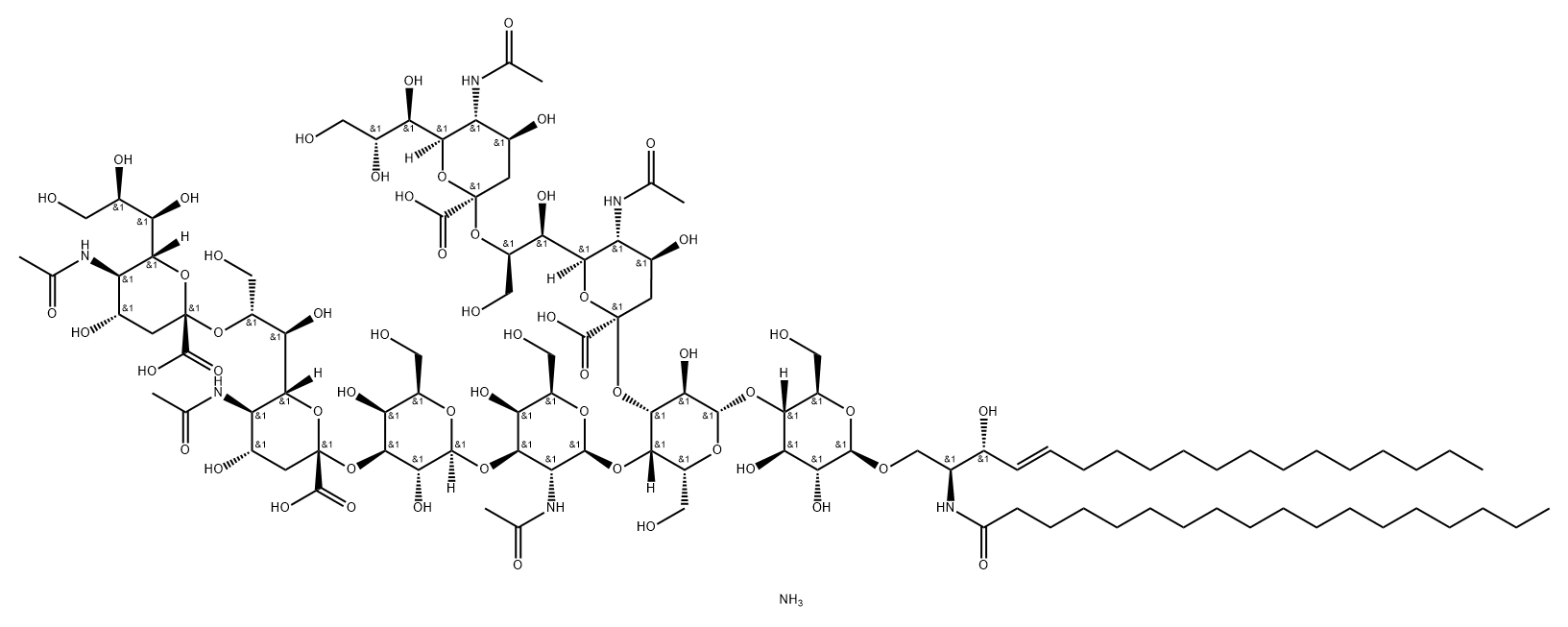 2316360-46-8 Octadecanamide, N-[(1S,2R,3E)-1-[[[O-(N-acetyl-α-neuraminosyl)-(2→8)-O-(N-acetyl-α-neuraminosyl)-(2→3)-O-β-D-galactopyranosyl-(1→3)-O-2-(acetylamino)-2-deoxy-β-D-galactopyranosyl-(1→4)-O-[O-(N-acetyl-α-neuraminosyl)-(2→8)-N-acetyl-α-neuraminosyl-(2→3)]-O-β-D-galactopyranosyl-(1→4)-β-D-glucopyranosyl]oxy]methyl]-2-hydroxy-3-heptadecen-1-yl]-, ammonium salt (1:4)