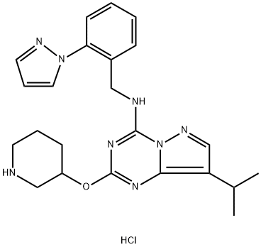 Pyrazolo[1,5-a]-1,3,5-triazin-4-amine, 8-(1-methylethyl)-2-(3-piperidinyloxy)-N-[[2-(1H-pyrazol-1-yl)phenyl]methyl]-, hydrochloride (1:1) Structure