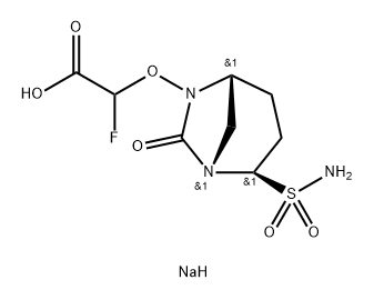 Acetic acid, 2-[[(1S,2R,5R)-2-(aminosulfonyl)-7- oxo-1,6-diazabicyclo[3.2.1]oct-6-yl]oxy]-2- fluoro-, sodium salt (1:1) Struktur