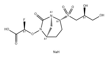 Acetic acid, 2-[[(1S,2R,5R)-2-[[(2S)-2,3-dihydrox ypropyl]sulfonyl]-7-oxo-1,6-diazabicyclo [3.2.1]oct-6-yl]oxy]-2-fluoro-, sodium salt (1:1), (2R)- 化学構造式
