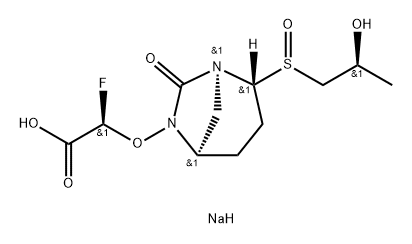 Acetic acid, 2-fluoro-2-[[(1S,2R,5R)-2-[(R)-[(2S)- 2-hydroxypropyl]sulfinyl]-7-oxo-1,6-diazab icyclo[3.2.1]oct-6-yl]oxy]-, sodium salt (1:1), (2R)- Struktur