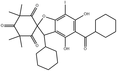 Spiro[benzofuran-2(3H),1'-cyclohexane]-2',4',6'-trione, 3-cyclohexyl-5-(cyclohexylcarbonyl)-4,6-dihydroxy-7-iodo-3',3',5',5'-tetramethyl- Struktur