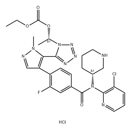 Carbonic acid, (1S)-1-[5-[4-[4-[[(3-chloro-2-pyridinyl)(3R)-3-piperidinylamino]carbonyl]-2-fluorophenyl]-1-methyl-1H-pyrazol-5-yl]-1H-tetrazol-1-yl]ethyl ethyl ester, hydrochloride (1:1) Structure