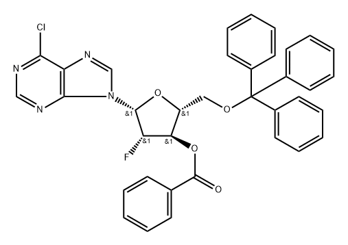 9H-Purine, 9-[3-O-benzoyl-2-deoxy-2-fluoro-5-O-(triphenylmethyl)-β-D-arabinofuranosyl]-6-chloro- 化学構造式